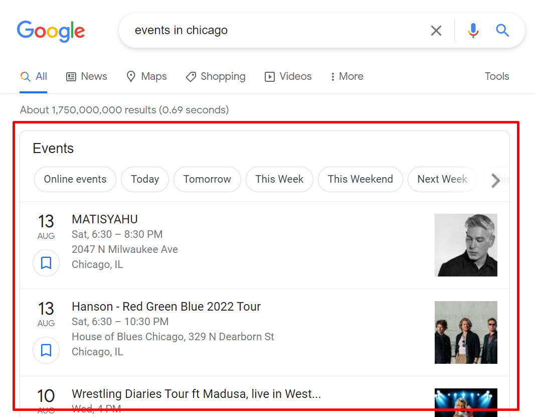 events serp feature